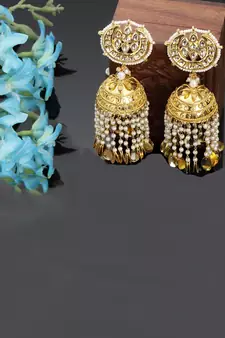 Gold kundan, pearls, natural stones earrings