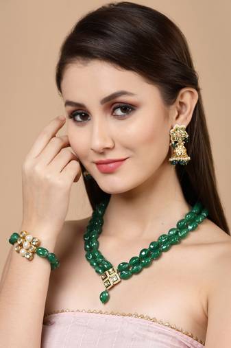 Green kundan, american diamonds, pearls, natural stones, faux emerald earrings