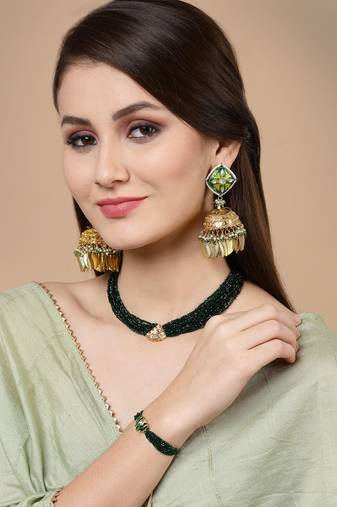 Green kundan, pearls, natural stones, faux emerald earrings