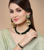 Green kundan, pearls, natural stones, faux emerald earrings