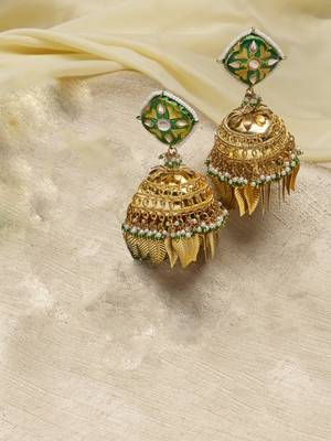 Green kundan, pearls, natural stones, faux emerald earrings 2