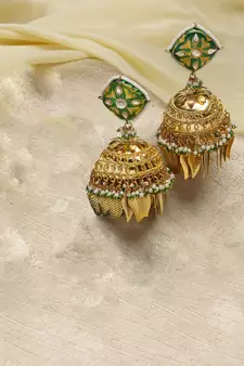 Green kundan, pearls, natural stones, faux emerald earrings