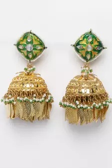 Green kundan, pearls, natural stones, faux emerald earrings