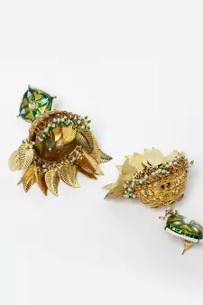 Green kundan, pearls, natural stones, faux emerald earrings