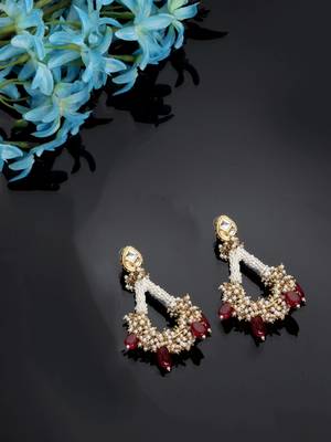 Red kundan, pearls, natural stones, faux ruby earrings 2