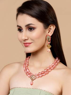 Pink kundan, pearls, natural stones, faux pink sapphire earrings 1