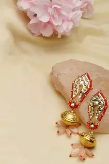 Pink kundan, pearls, natural stones, faux pink sapphire earrings