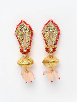 Pink kundan, pearls, natural stones, faux pink sapphire earrings 3