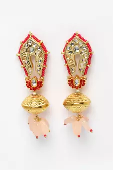 Pink kundan, pearls, natural stones, faux pink sapphire earrings