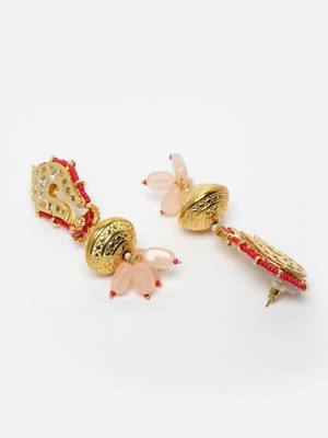 Pink kundan, pearls, natural stones, faux pink sapphire earrings 4