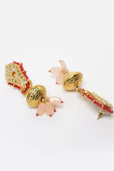 Pink kundan, pearls, natural stones, faux pink sapphire earrings