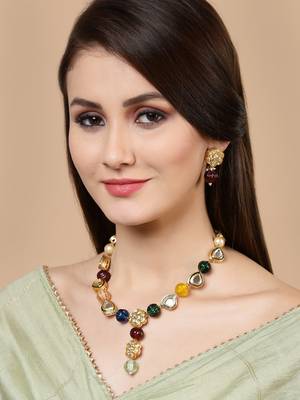 Gold kundan, pearls, natural stones earrings 1