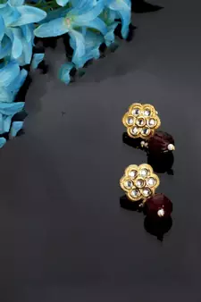 Gold kundan, pearls, natural stones earrings