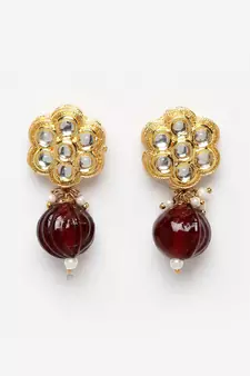 Gold kundan, pearls, natural stones earrings