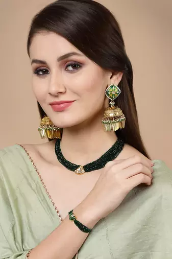 Green kundan, pearls, natural stones, faux emerald bracelets