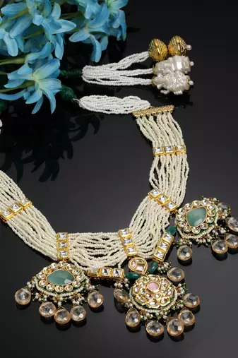Green kundan, pearls, natural stones, faux emerald necklaces