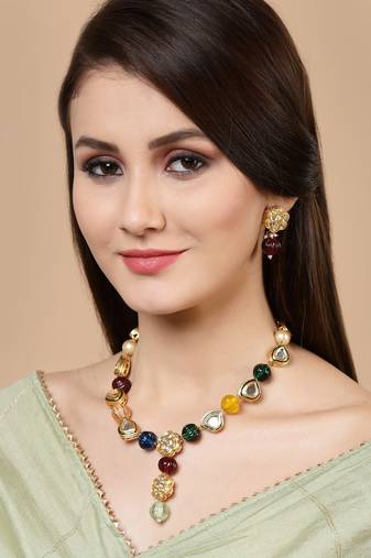 Red kundan, pearls, natural stones, faux emerald necklaces
