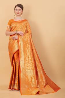 Orange Woven Silk Blend Saree With Blouse