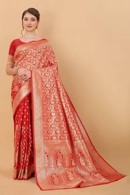 Red Woven Silk Blend Saree With Blouse 1