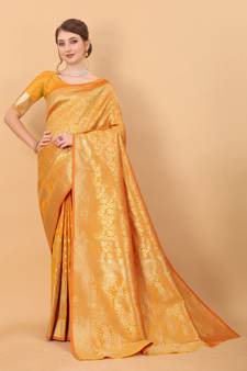 Mustard Woven Silk Blend Saree With Blouse