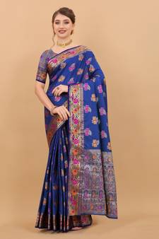 Navy Blue Woven Silk Blend Saree With Blouse