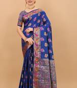 Navy Blue Woven Silk Blend Saree With Blouse