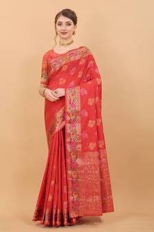 Red Woven Silk Blend Saree With Blouse