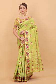 Yellow Woven Silk Blend Saree With Blouse