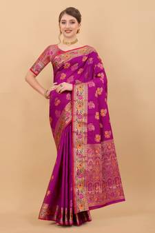 Pink Woven Silk Blend Saree With Blouse