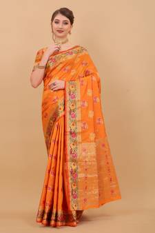 Orange Woven Silk Blend Saree With Blouse