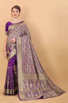 Purple Woven Silk Blend Saree With Blouse