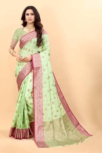 Light Green Woven Silk Blend Saree With Blouse