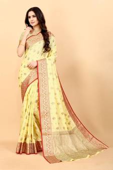 Light Yellow Woven Silk Blend Saree With Blouse