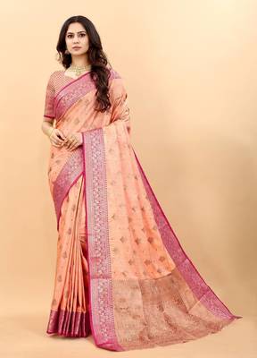 Light Peach Woven Soft Silk Blend Saree With Blouse - Silk-Sarees 1