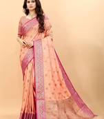 Light Peach Woven Soft Silk Blend Saree With Blouse - Silk-Sarees