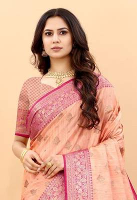 Light Peach Woven Soft Silk Blend Saree With Blouse - Silk-Sarees 2