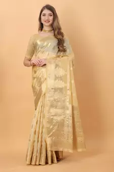 Beige Woven Organza Saree With Blouse
