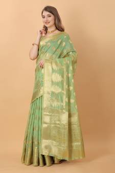Light Green Woven Organza Saree With Blouse