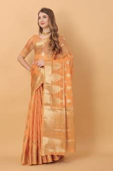 Light Orange Woven Organza Saree With Blouse