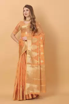 Light orange woven organza saree with blouse