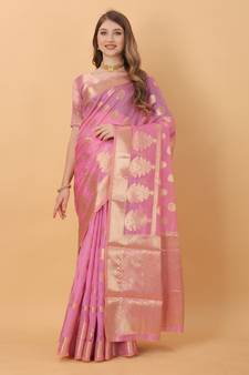 Light Pink Woven Organza Saree With Blouse