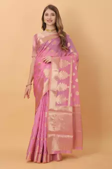 Light pink woven organza saree with blouse