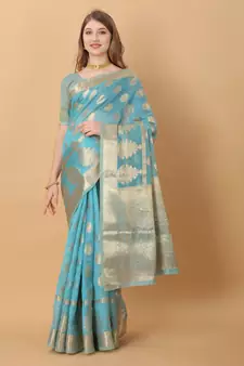 Light blue woven organza saree with blouse