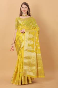 Yellow Woven Organza Saree With Blouse