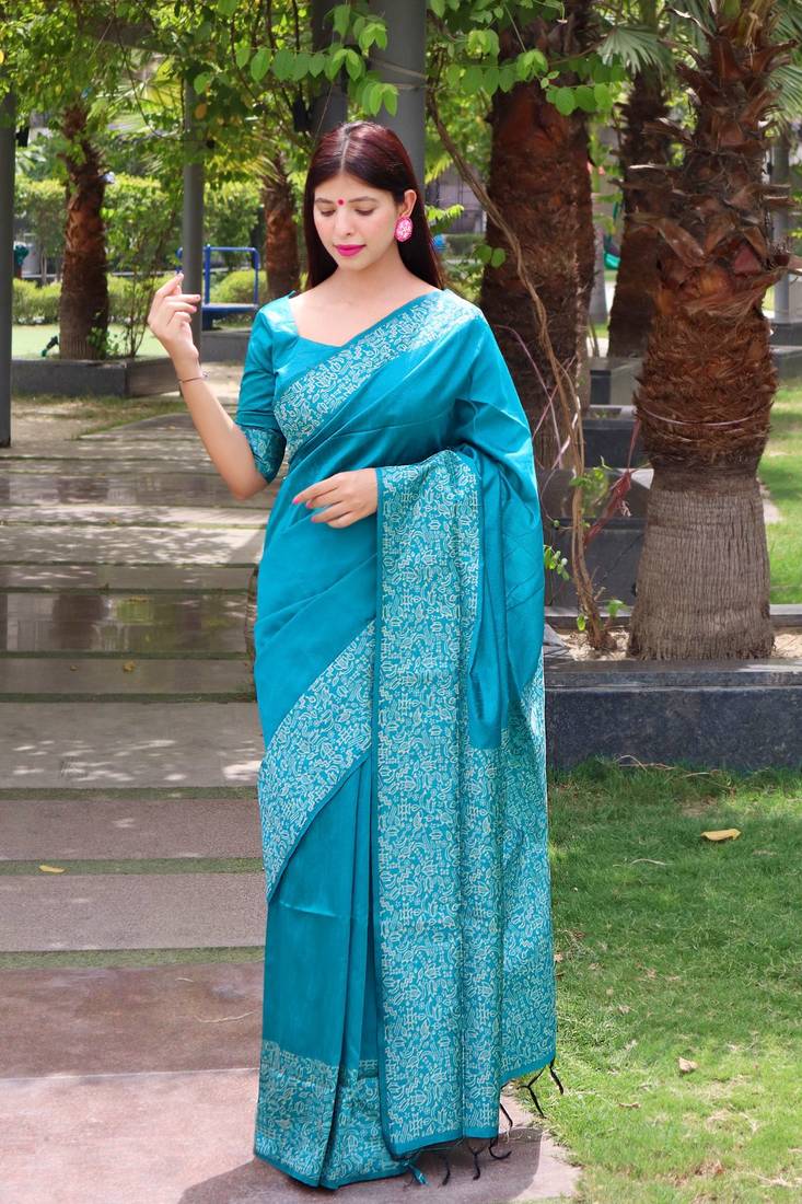 Green woven banarasi silk saree with blouse