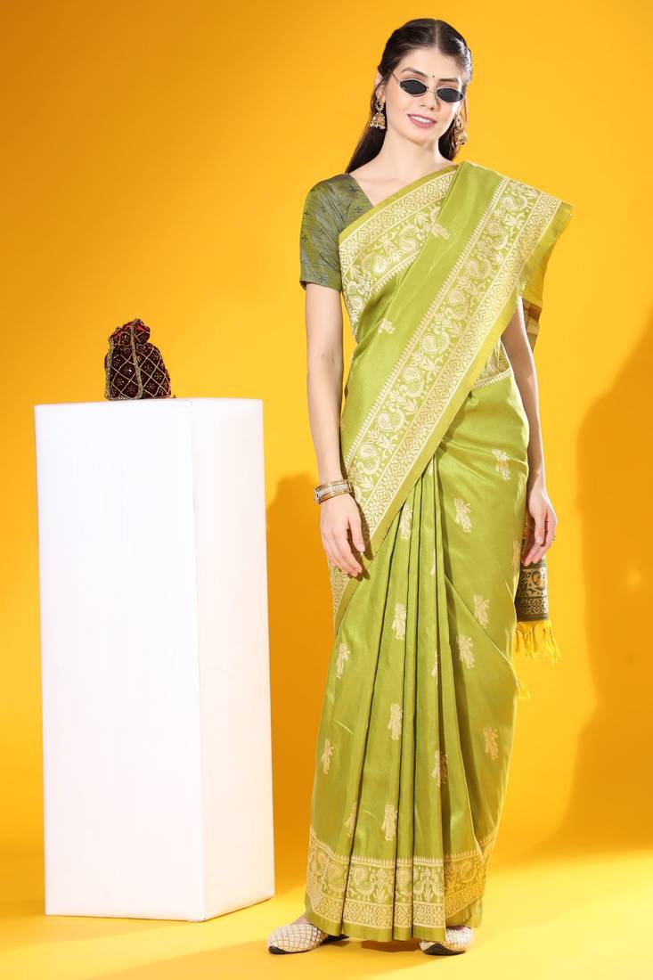 Green woven south silk saree with blouse