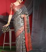 Black woven raw silk saree with blouse