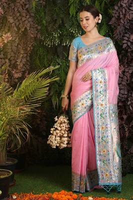 Peach woven paithani silk saree with blouse 1