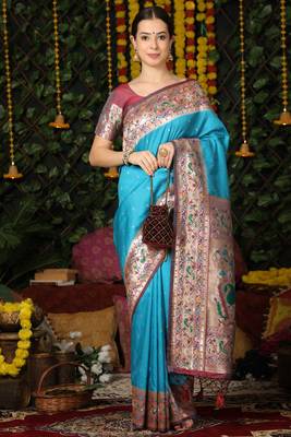 Orange hand woven raw silk saree with blouse 1