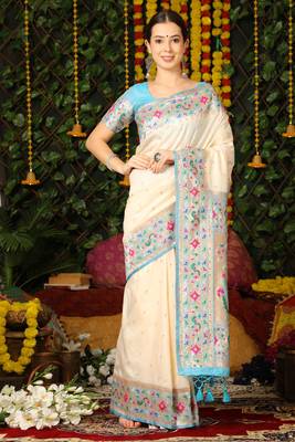 Teal hand woven raw silk saree with blouse 1